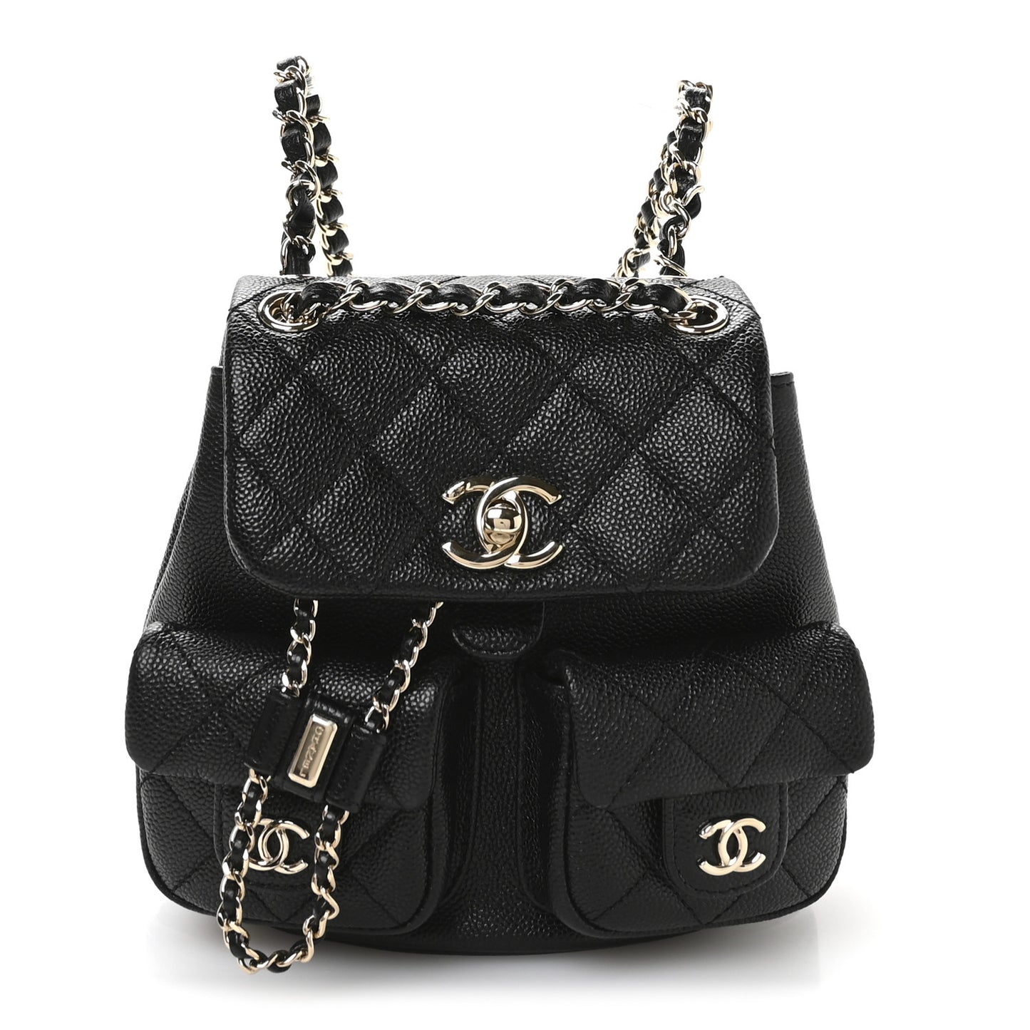 Shiny Caviar Quilted Small Duma Pockets Drawstring Backpack Black