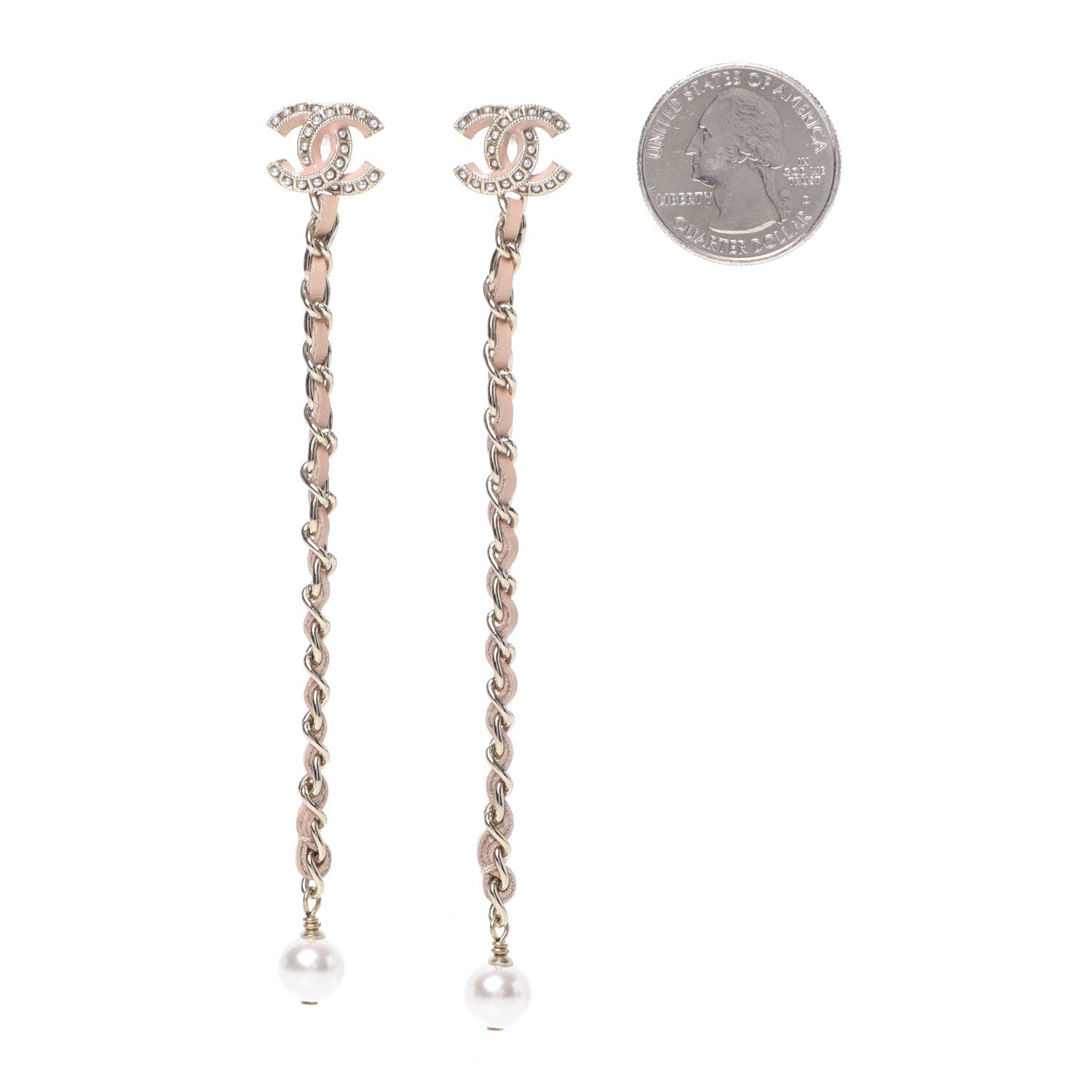 Chanel Lambskin Chain Crystal Pearl CC Drop Earrings Pink 2 of 5