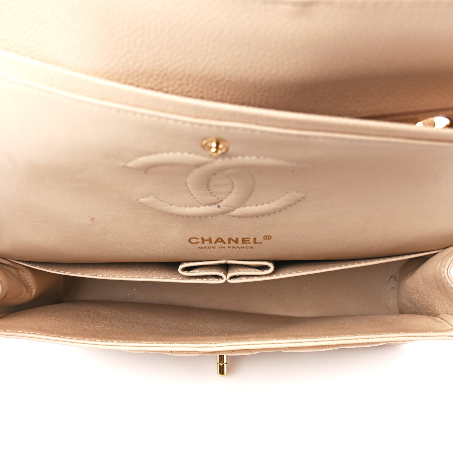 Caviar Quilted Medium Double Flap Beige