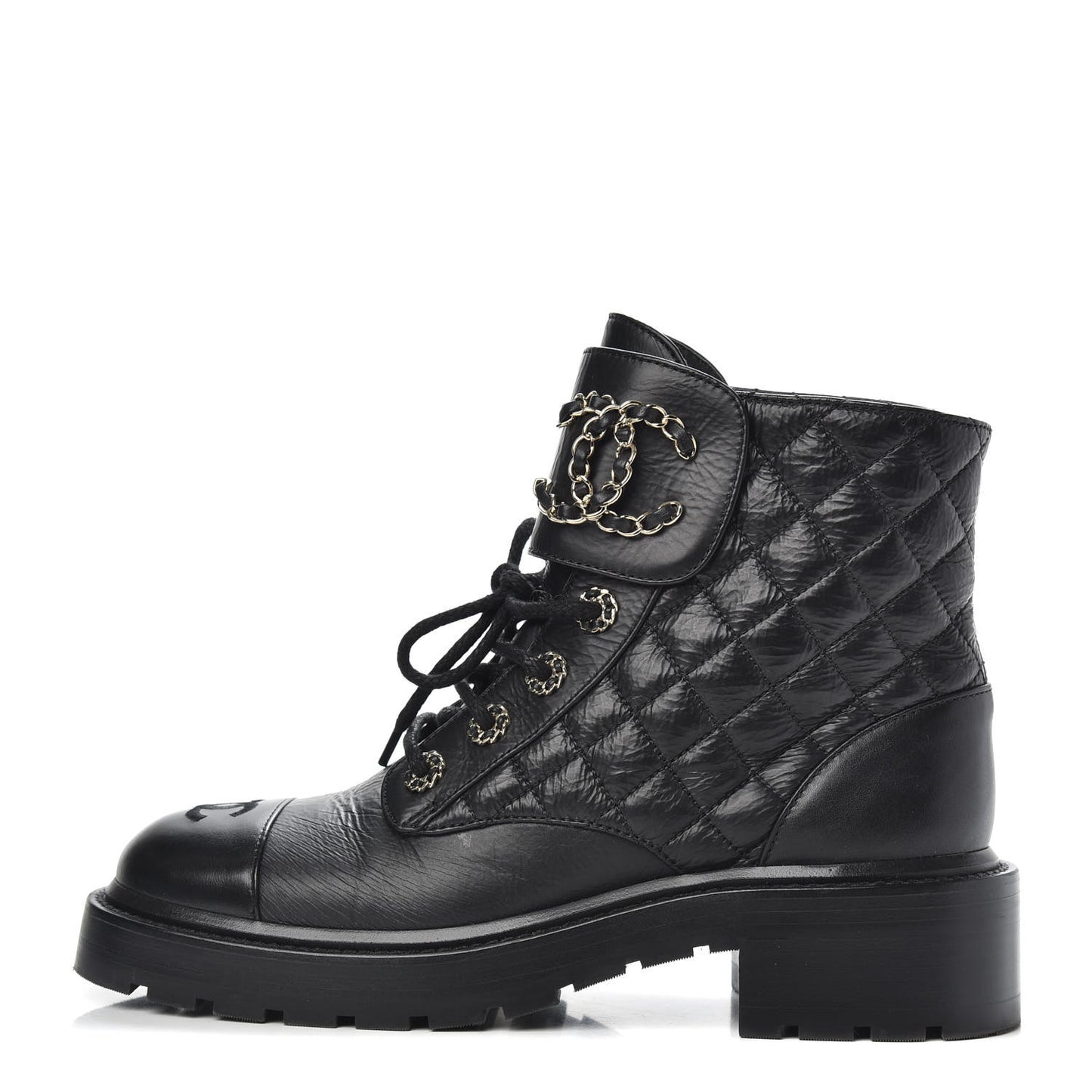 Shiny Goatskin Calfskin Quilted Lace Up Combat Boots 37.5 Black