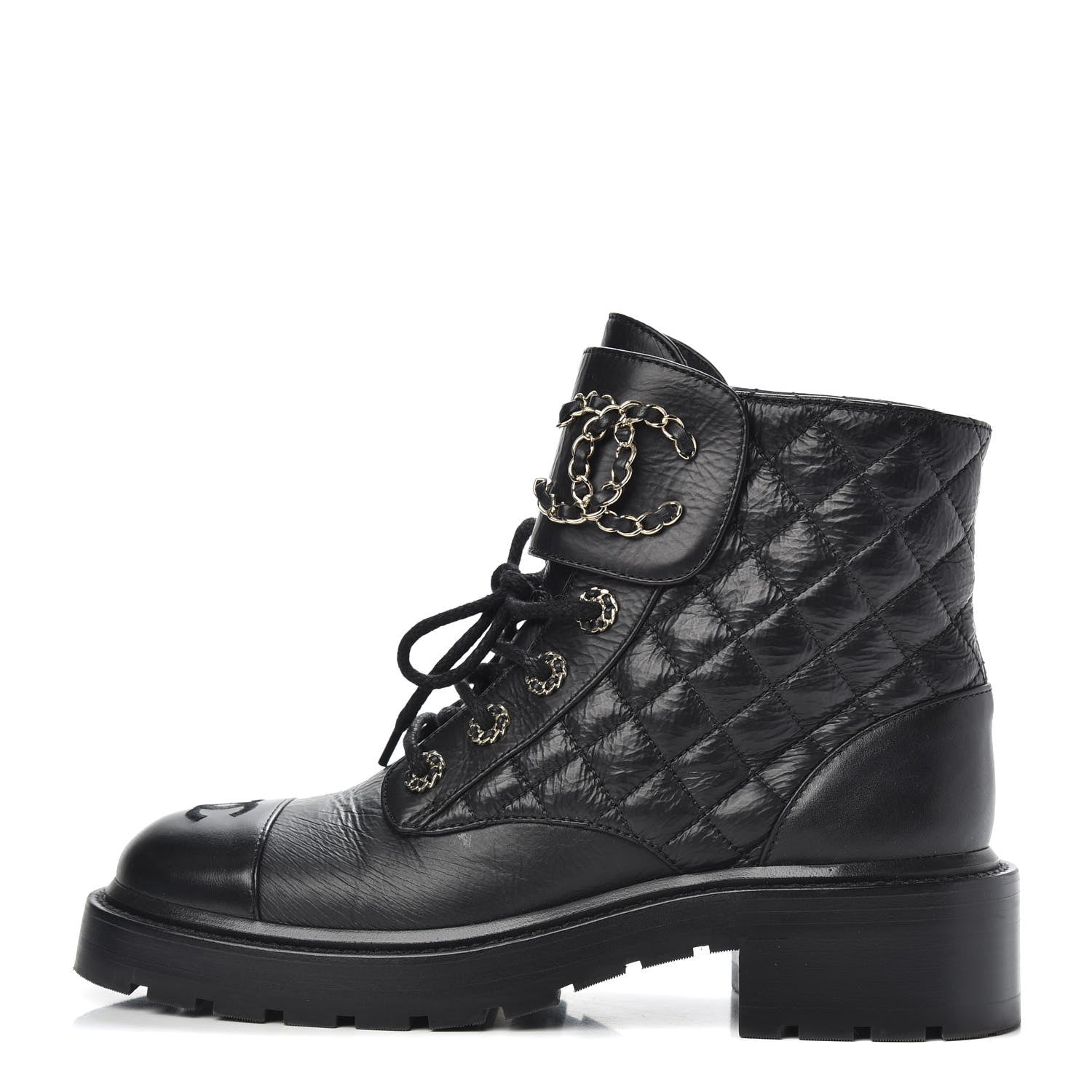 Chanel Shiny Goatskin Calfskin Quilted Lace Up Combat Boots 37.5 Black 1 of 8