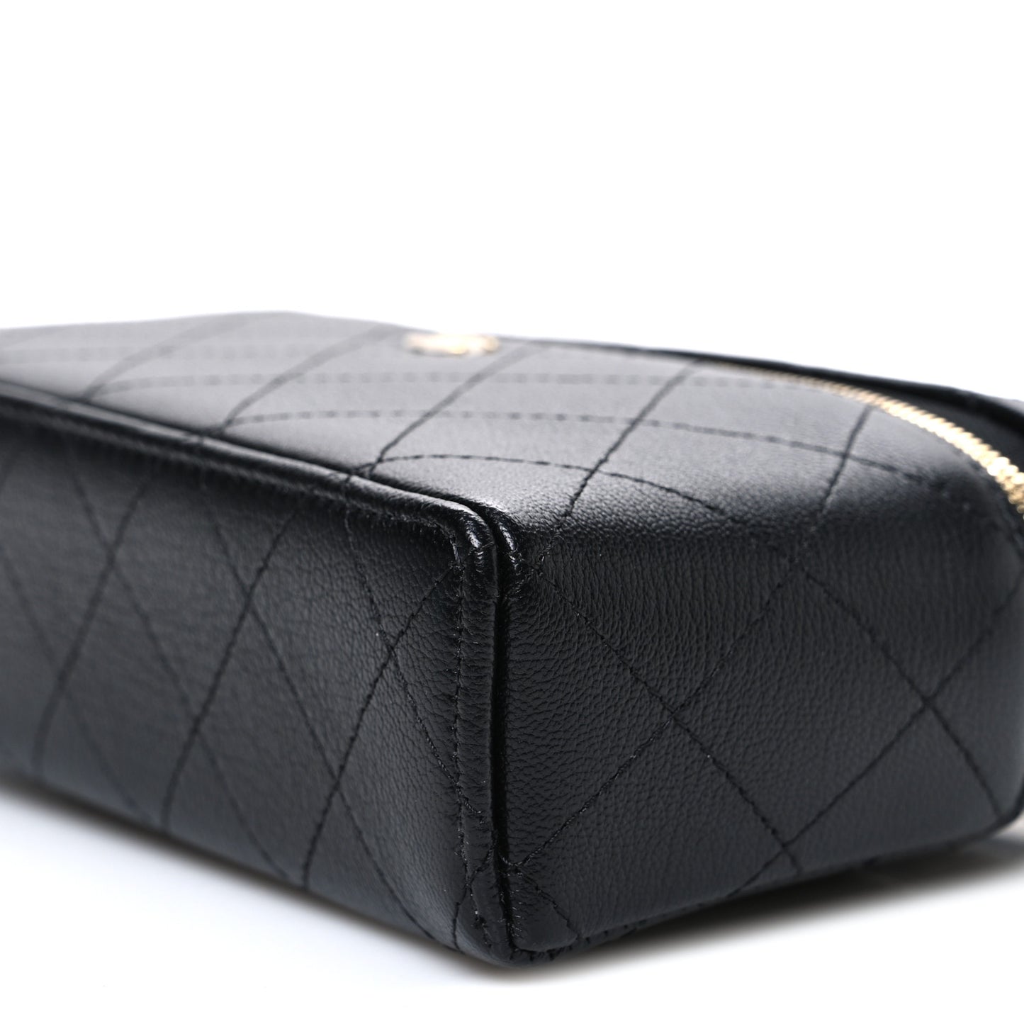 Goatskin Stitched Top Handle Slim Vanity With Chain Black