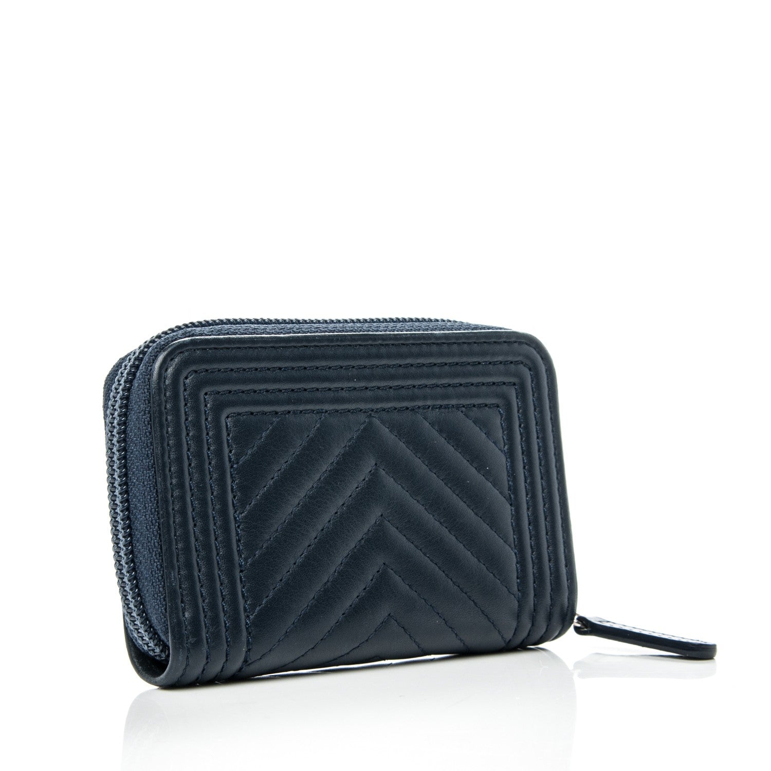 Chanel Calfskin Chevron Zip Around Boy Coin Purse Wallet Dark Navy 3 of 7