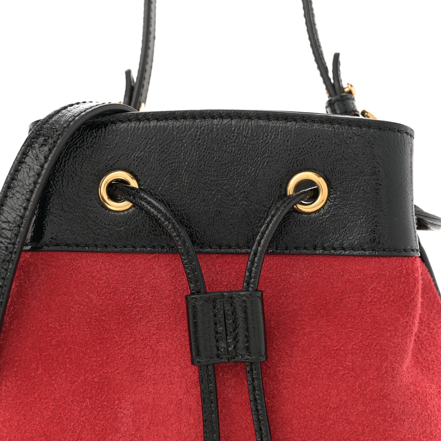 Suede Patent Web Small Ophidia Bucket Bag Hibiscus Red Black