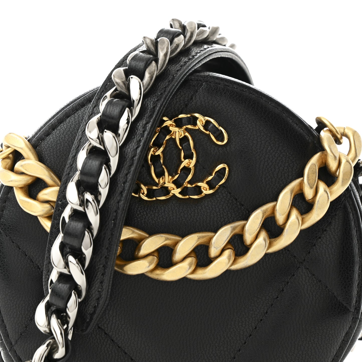 Lambskin Quilted Chanel 19 Round Clutch With Chain  Black