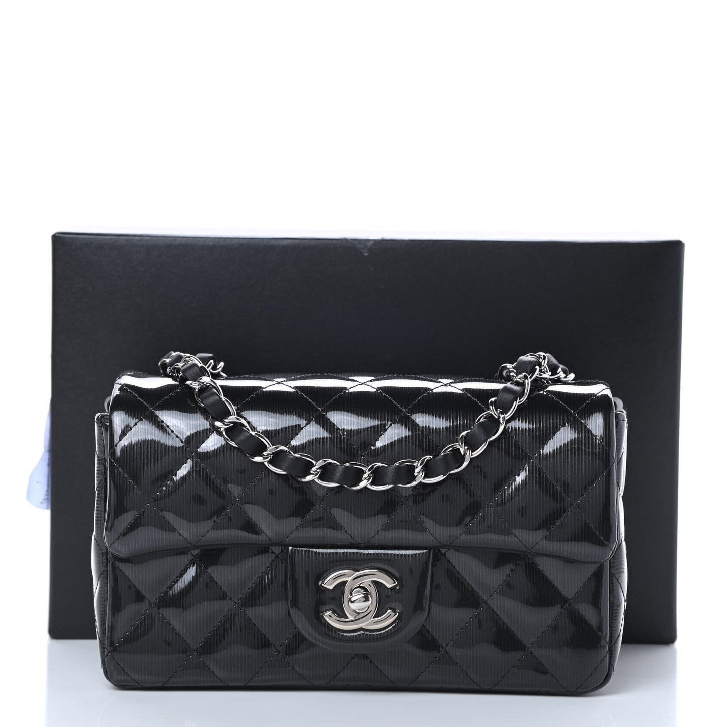 Striated Patent Calfskin Quilted Mini Rectangular Flap Black