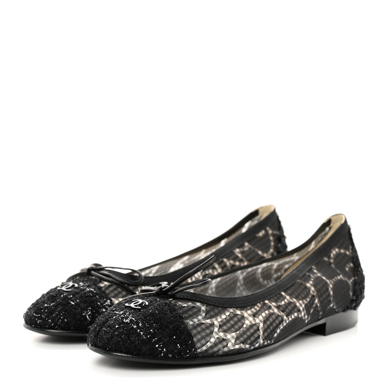 Chanel Tweed Lambskin CC Cap Toe Ballerina Flats 37 Black 3 of 10