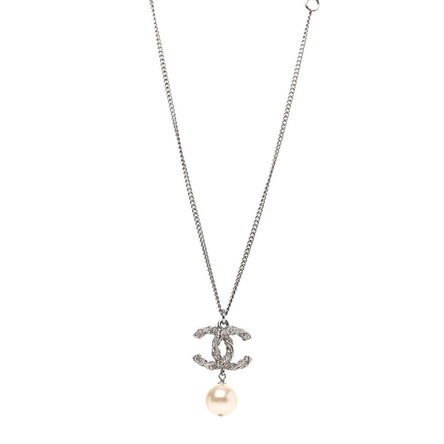 Crystal Pearl Twisted CC Drop Necklace Silver