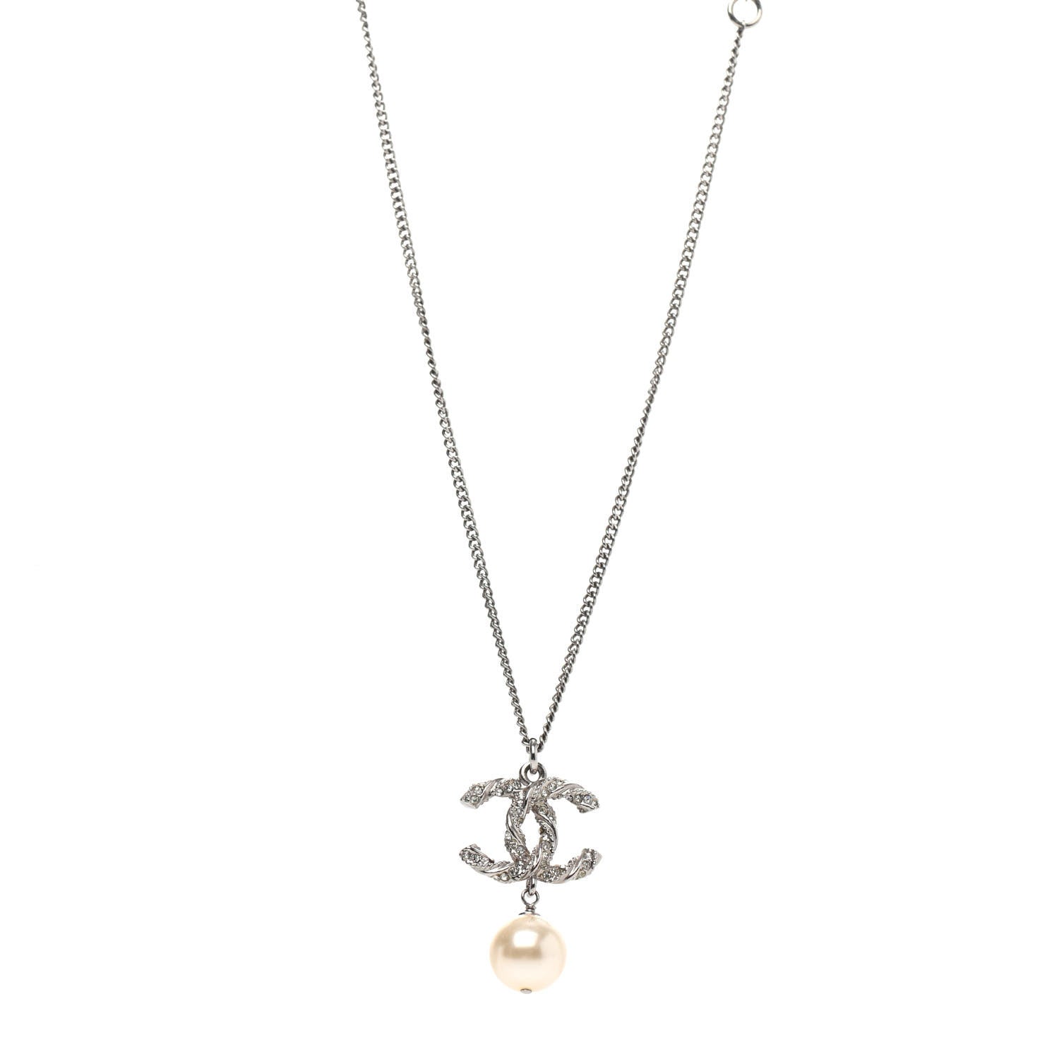 Chanel Crystal Pearl Twisted CC Drop Necklace Silver 1 of 4