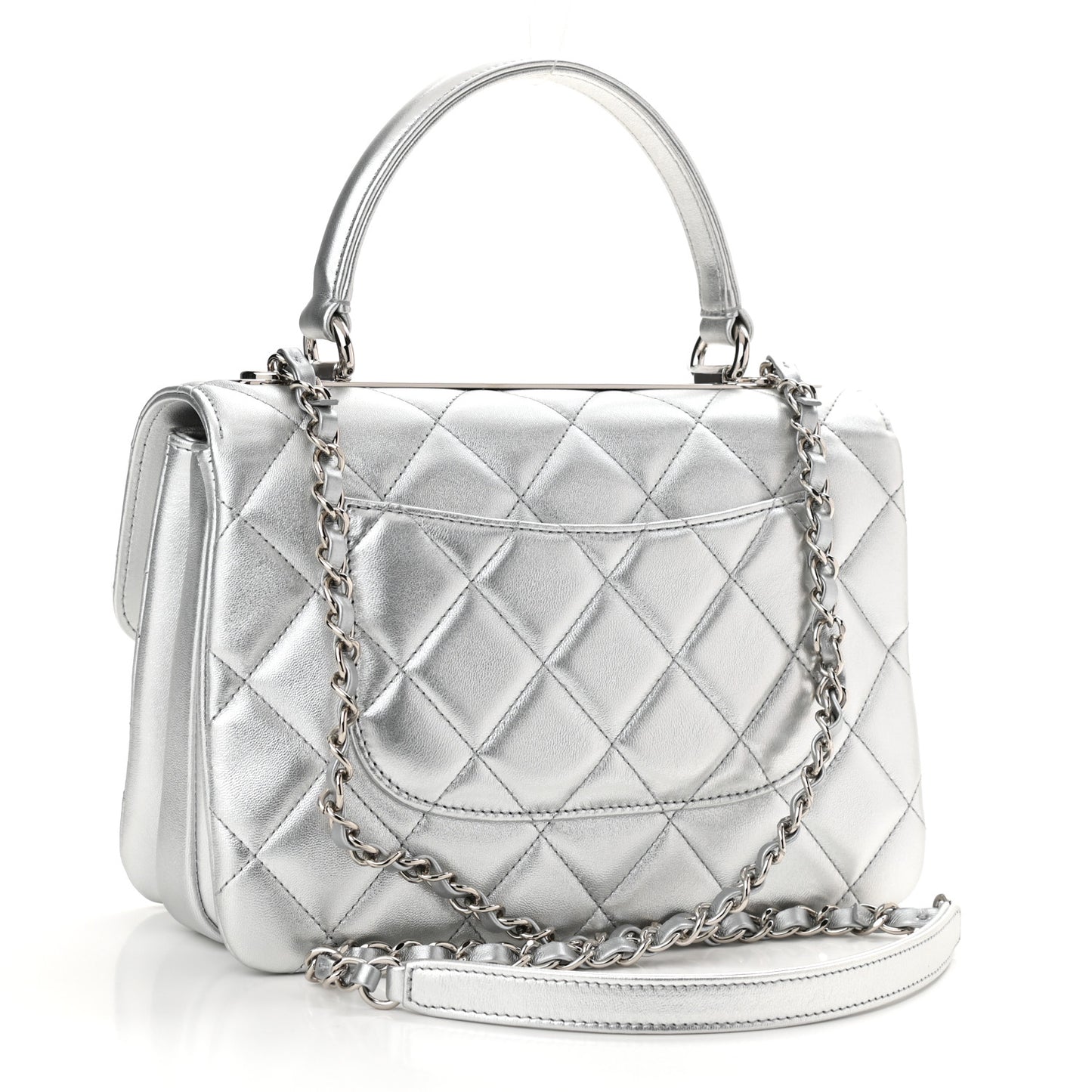 Metallic Lambskin Quilted Small Trendy CC Flap Dual Handle Bag Silver