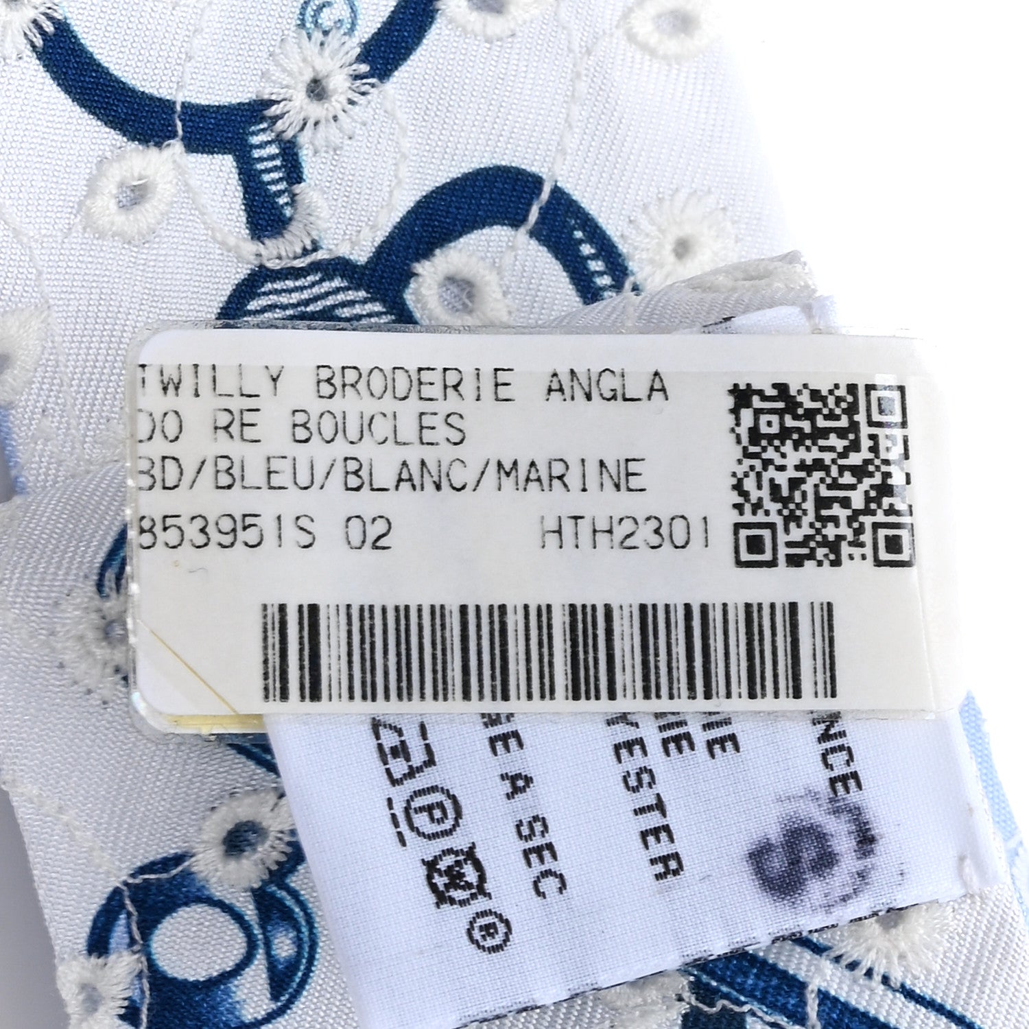 Hermes Silk Embroidered Do Re Boucles Broderie Anglaise Twilly Bleu White Marine 3 of 3