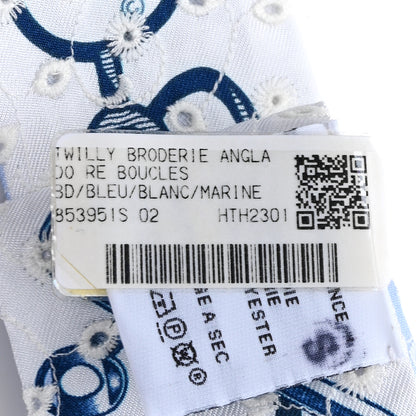 Hermes Silk Embroidered Do Re Boucles Broderie Anglaise Twilly Bleu White Marine 3 of 3