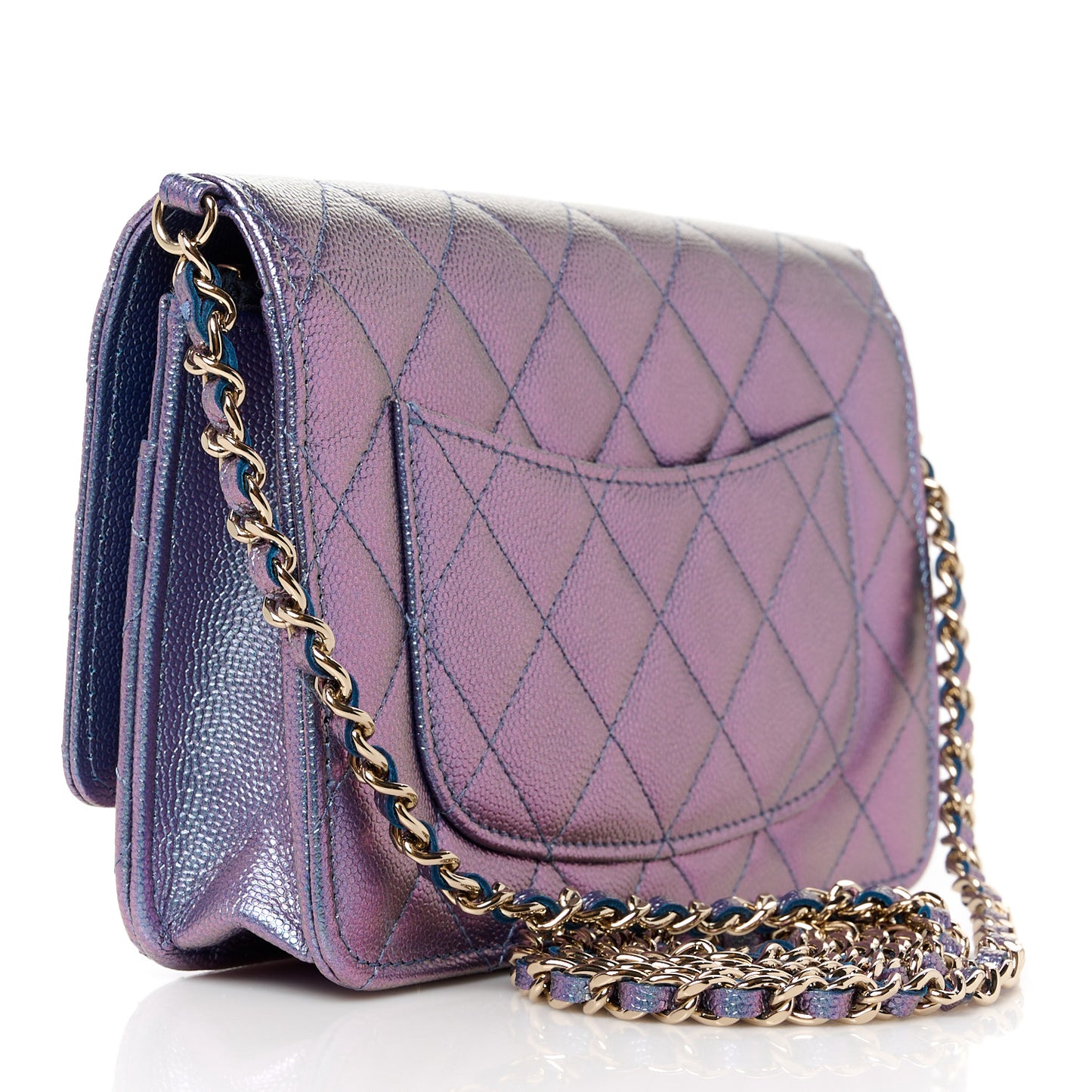 Iridescent Caviar Quilted Wallet on Chain WOC Dark Blue