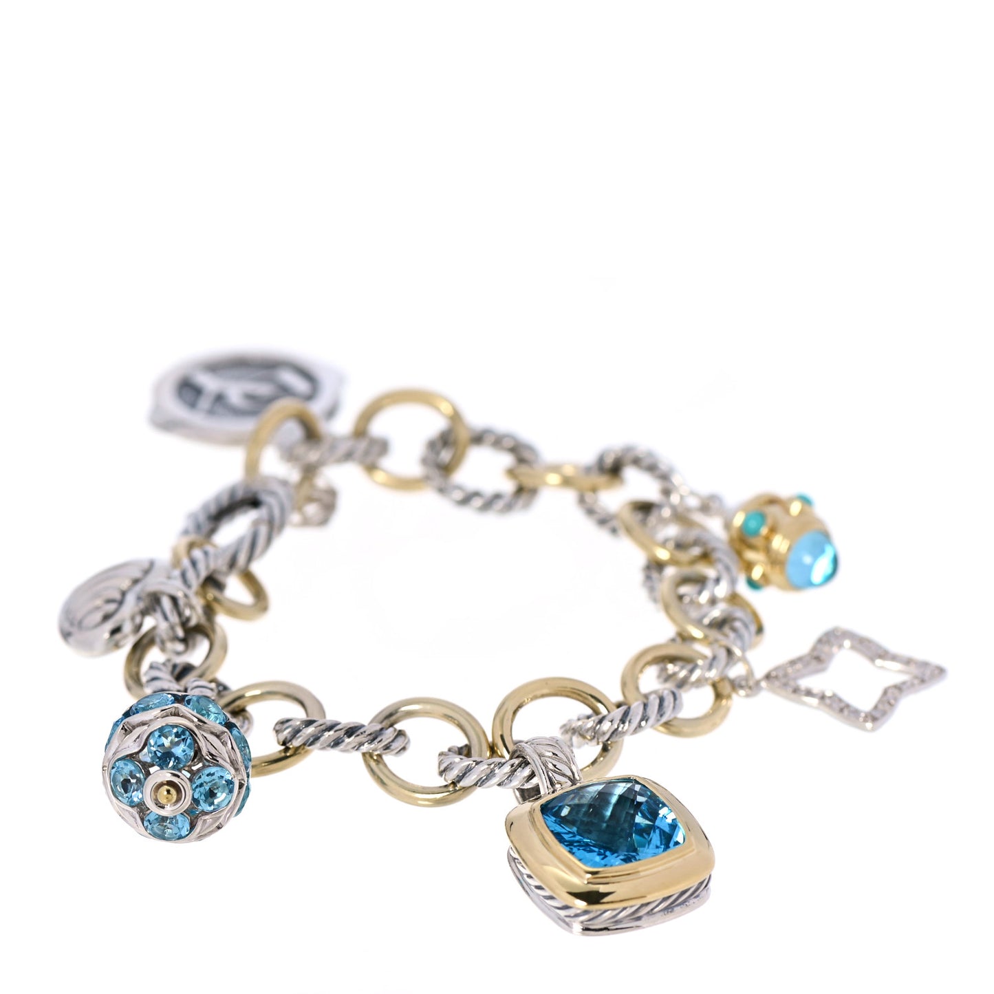 Sterling Silver 18K Yellow Gold Diamond Blue Topaz Turquoise 25th Anniversary Charm Bracelet