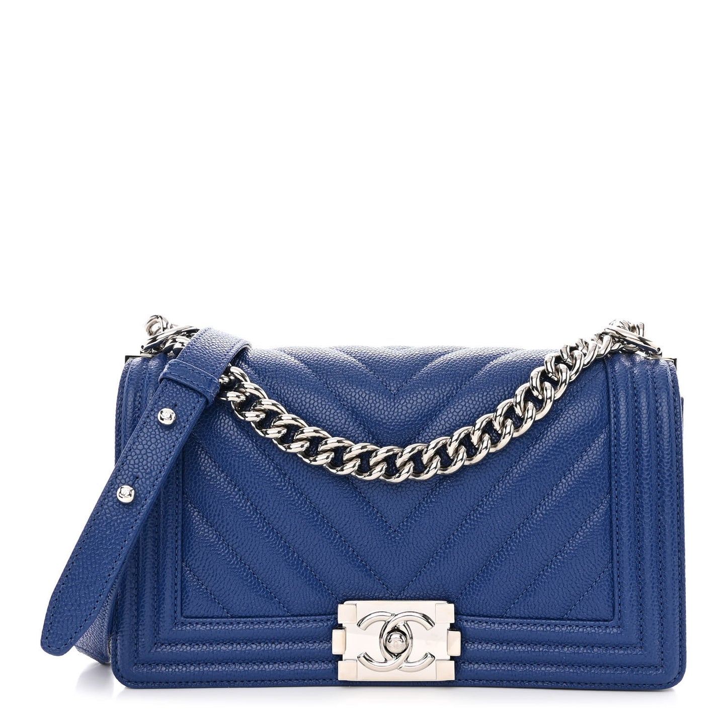 Caviar Chevron Quilted Medium Boy Flap Dark Blue