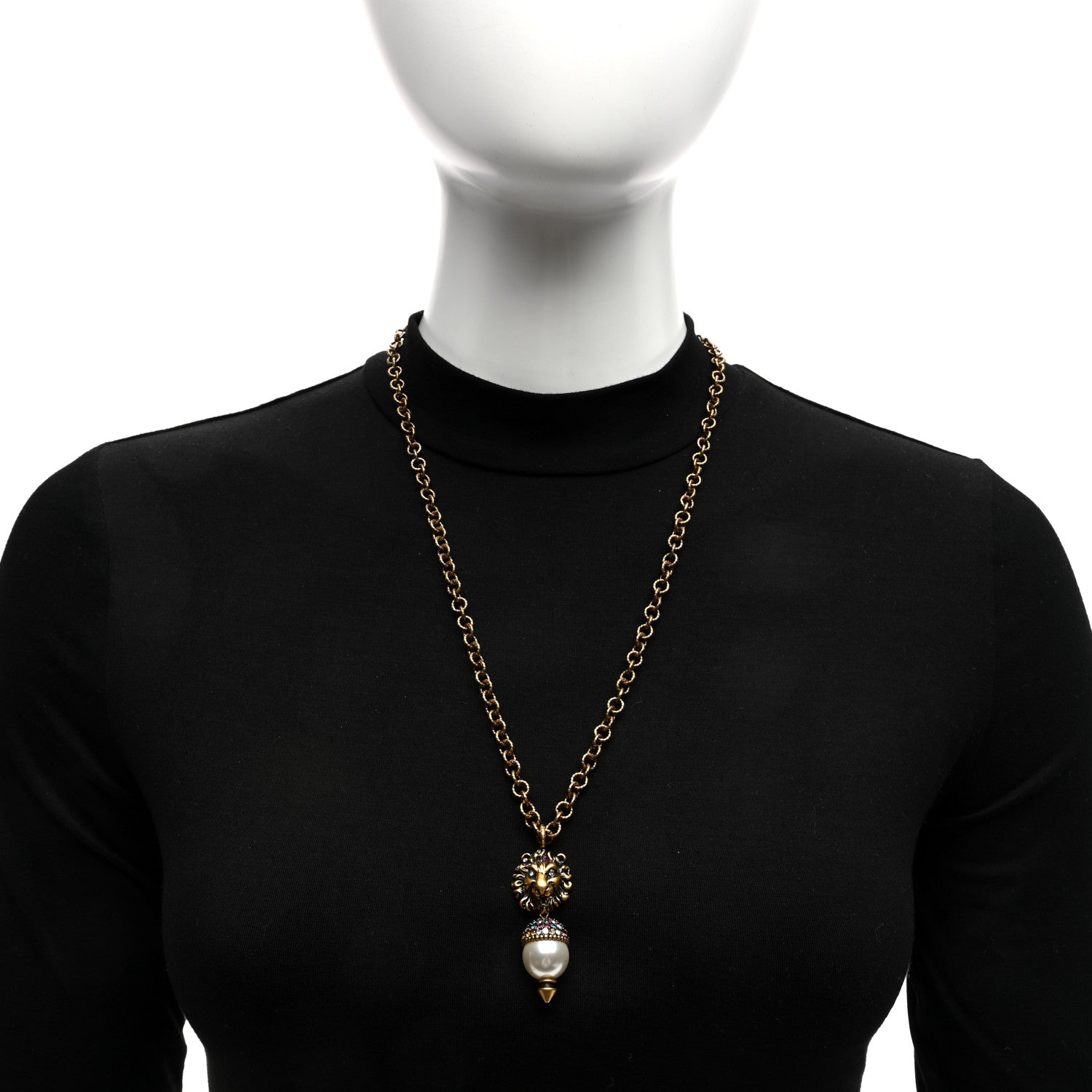 Gucci Metal Crystal Pearl Lion Head Necklace Aged Gold 2 of 5