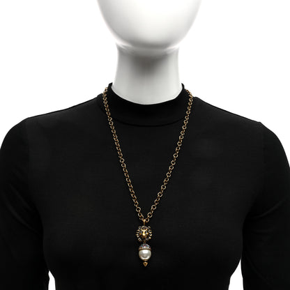 Gucci Metal Crystal Pearl Lion Head Necklace Aged Gold 2 of 5