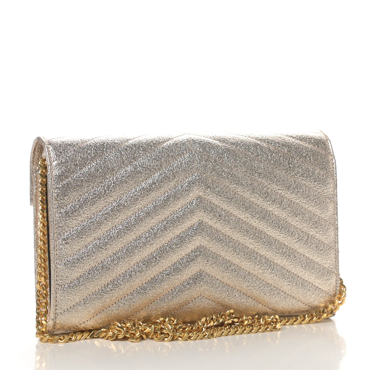 Metallic Crackled Calfskin Matelasse Chevron Monogram Chain Wallet Gold