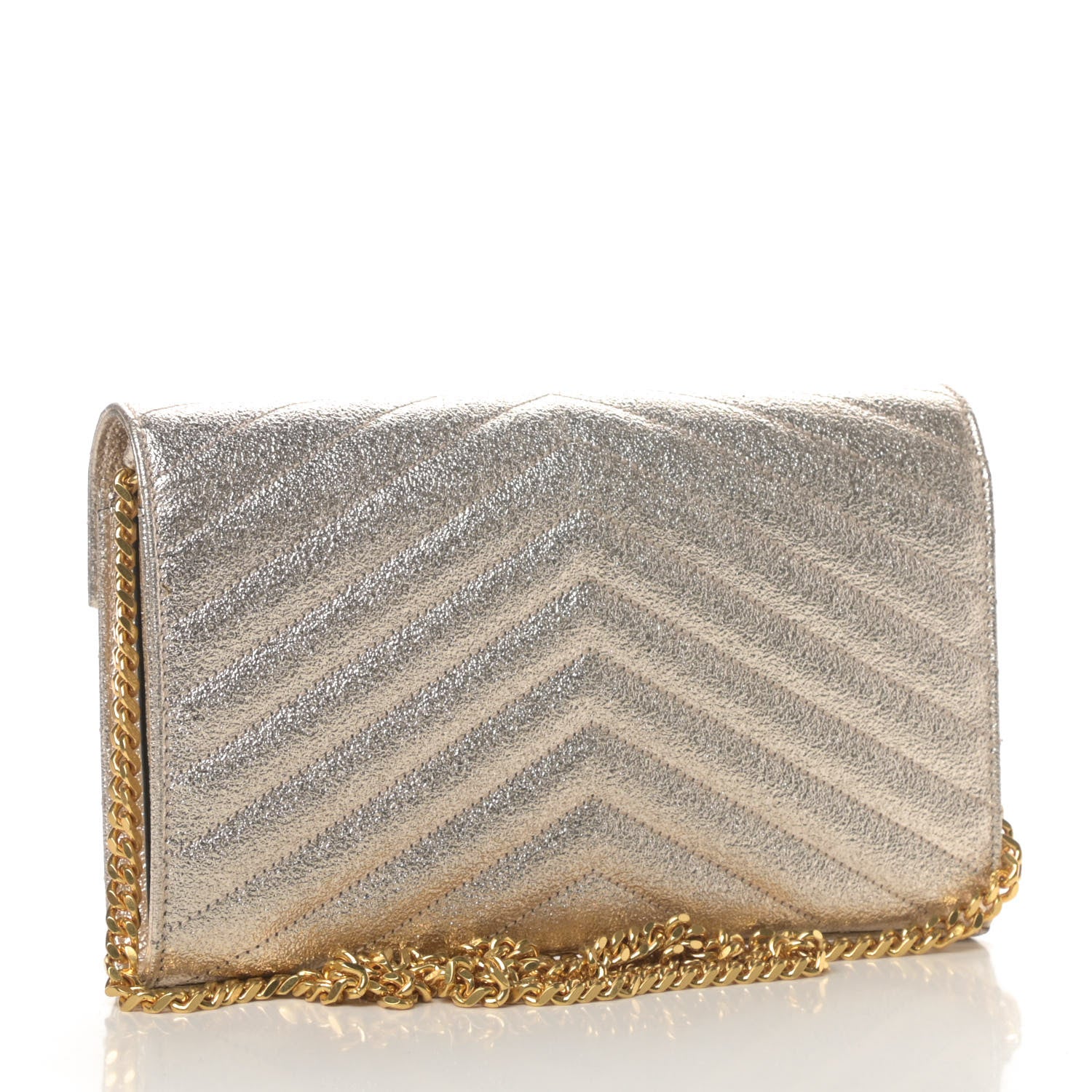 Saint Laurent Metallic Crackled Calfskin Matelasse Chevron Monogram Chain Wallet Gold 2 of 4