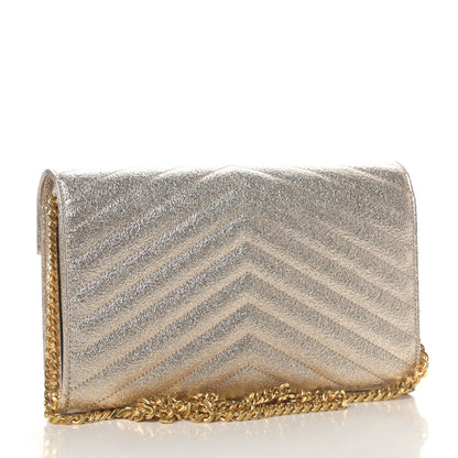 Saint Laurent Metallic Crackled Calfskin Matelasse Chevron Monogram Chain Wallet Gold 2 of 4