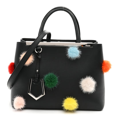Fendi Vitello Dolce Mink Fur Pom Pom Petite 2Jours Tote Black Multicolor 1 of 10