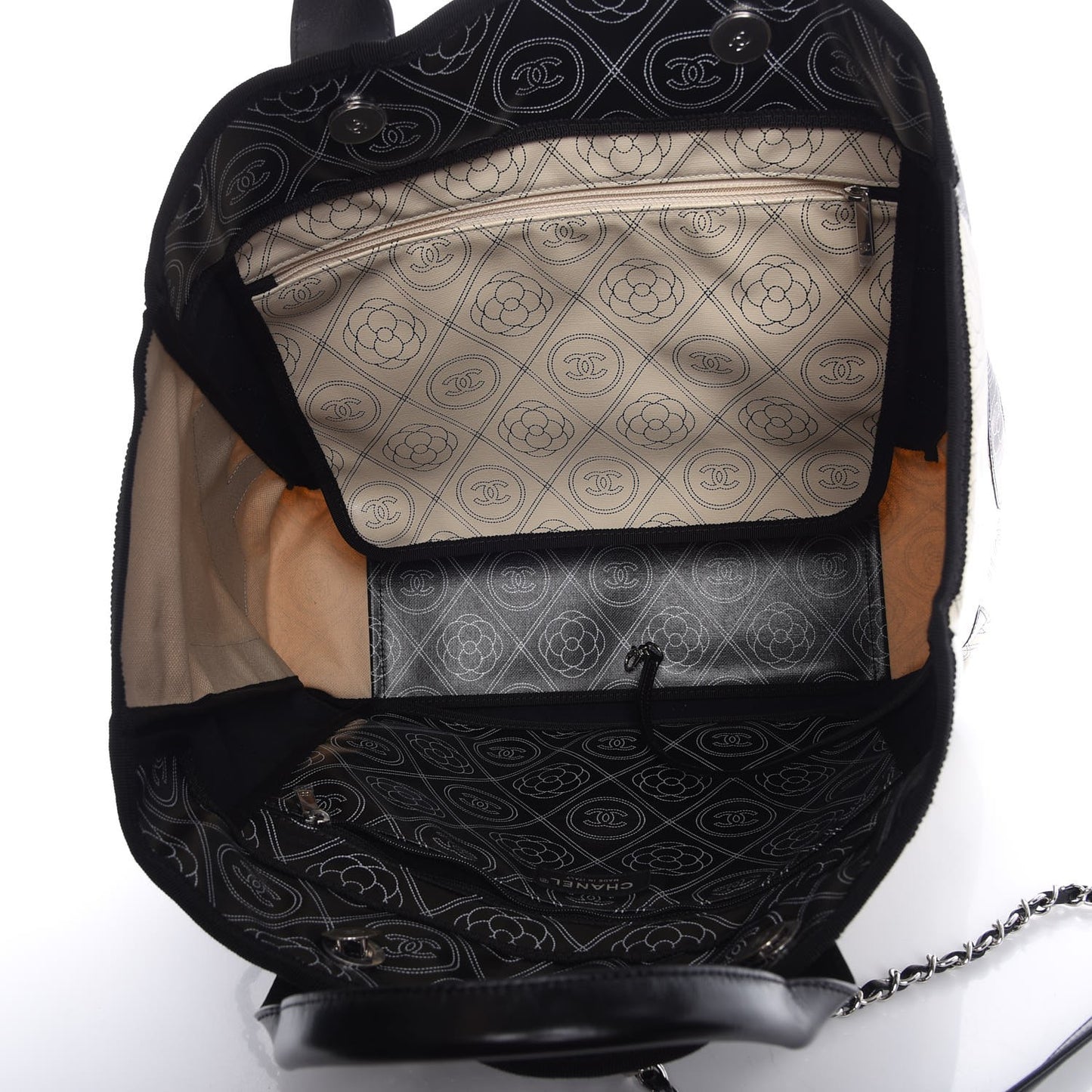 Printed Canvas Large Shopping Tote Black Beige