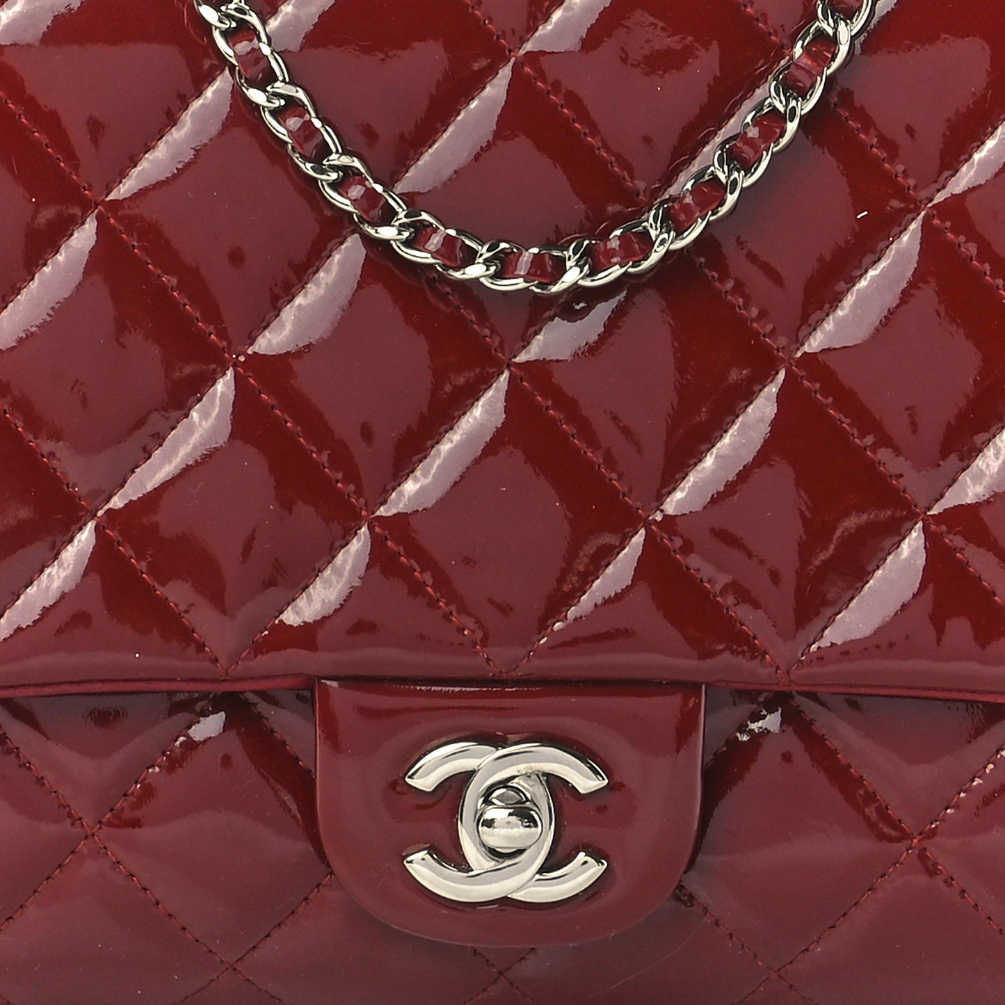 Patent Quilted Clutch With Chain Flap Red