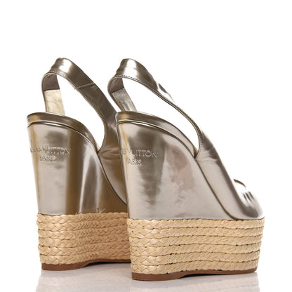 Louis Vuitton Patent Leather Lagoon Espadrille Peep Toe Wedges 37 Silver 4 of 8