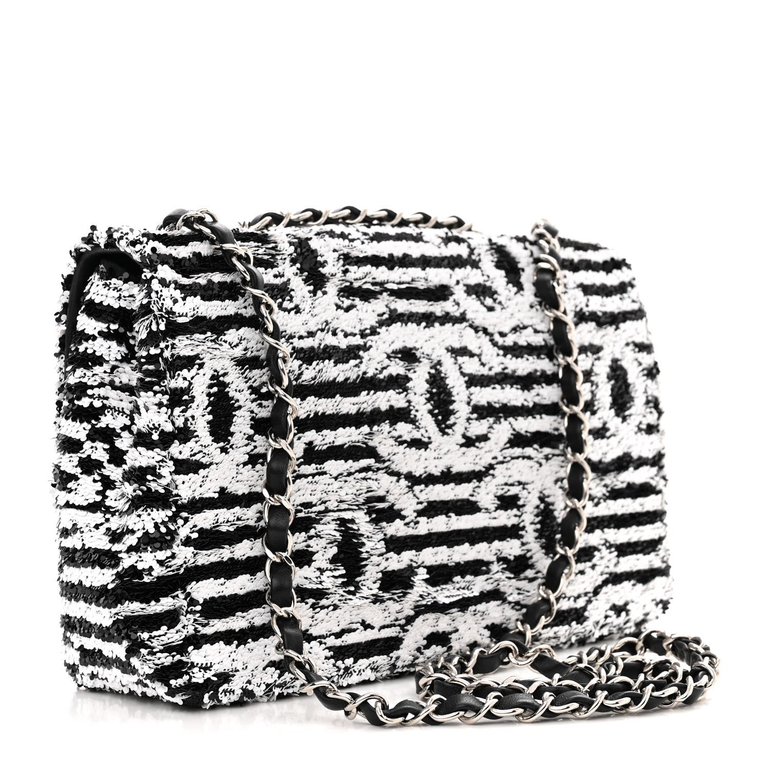 Chanel Sequin Embroidered Medium Flap Black White 4 of 12