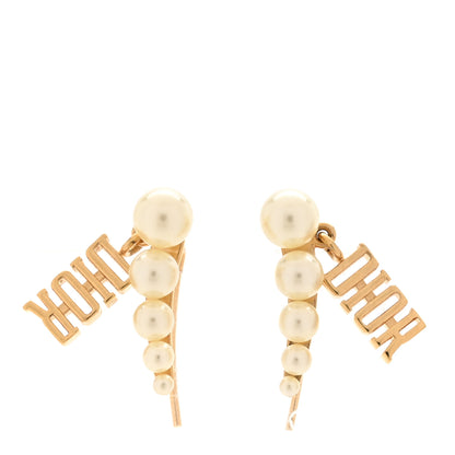 Christian Dior Pearl Logo Drop Earrings Gold White 1 of 4