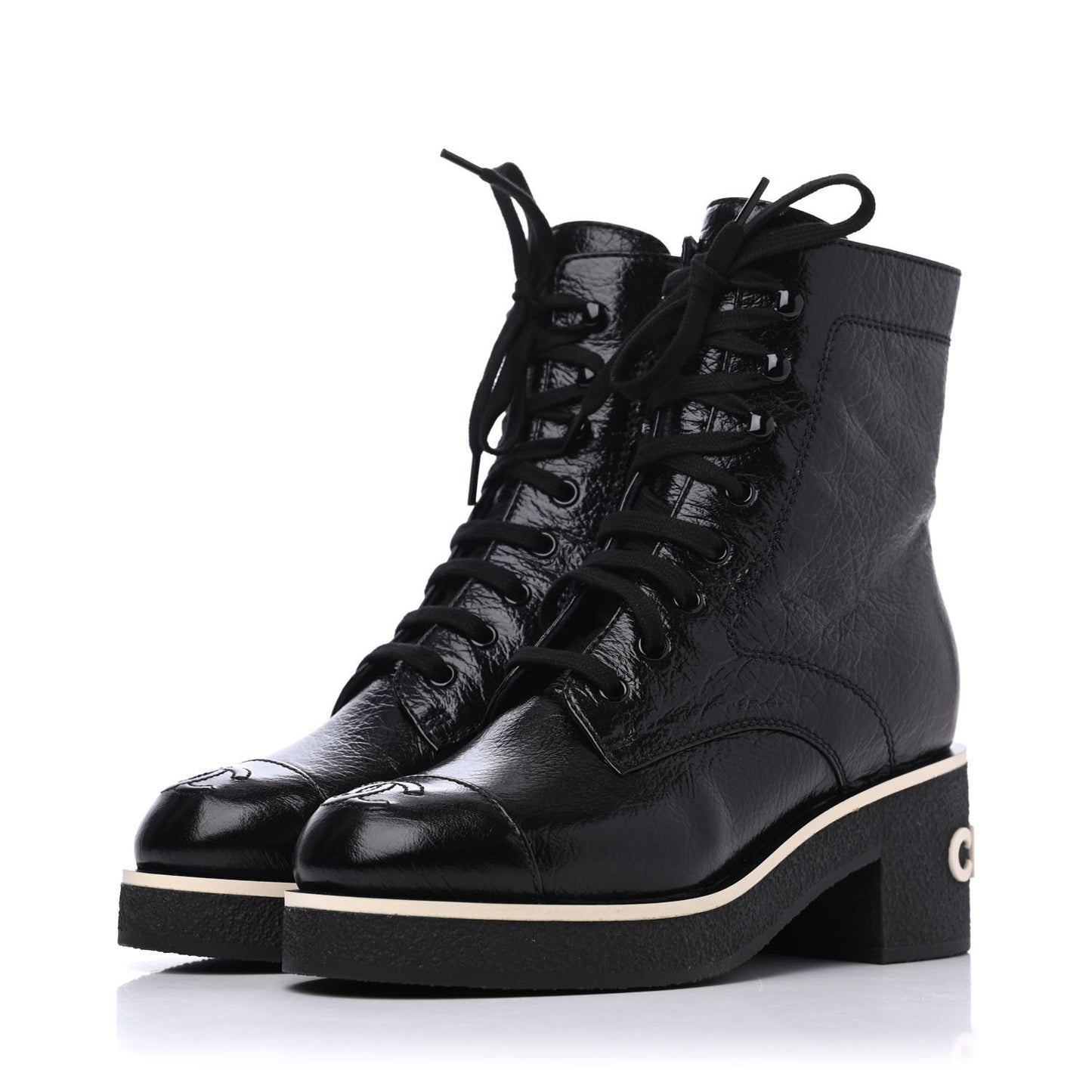 Shiny Crumpled Lambskin Lace Up Combat Boots 35.5 Black