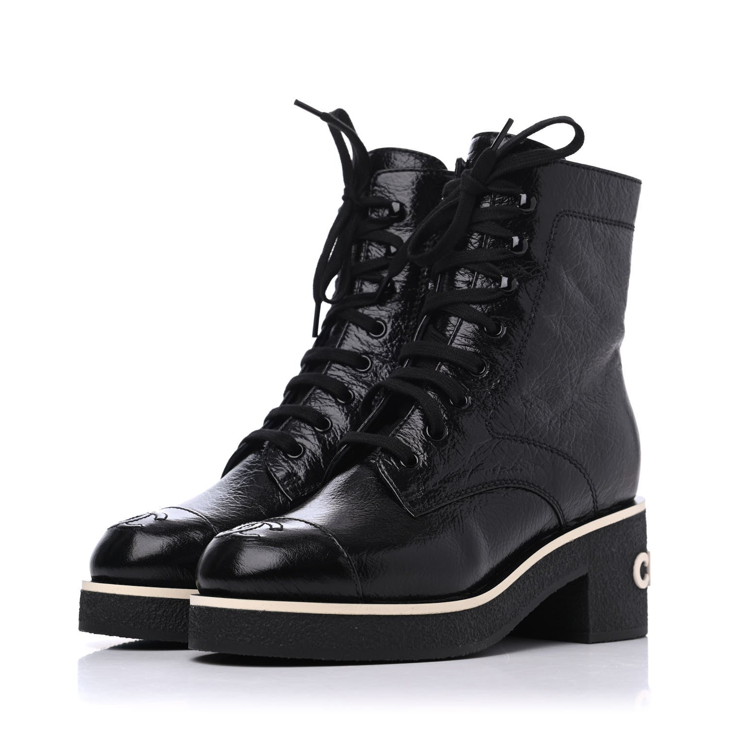 Chanel Shiny Crumpled Lambskin Lace Up Combat Boots 35.5 Black 3 of 13