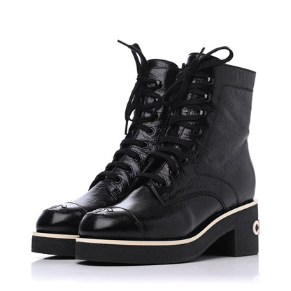 Chanel Shiny Crumpled Lambskin Lace Up Combat Boots 35.5 Black 3 of 13