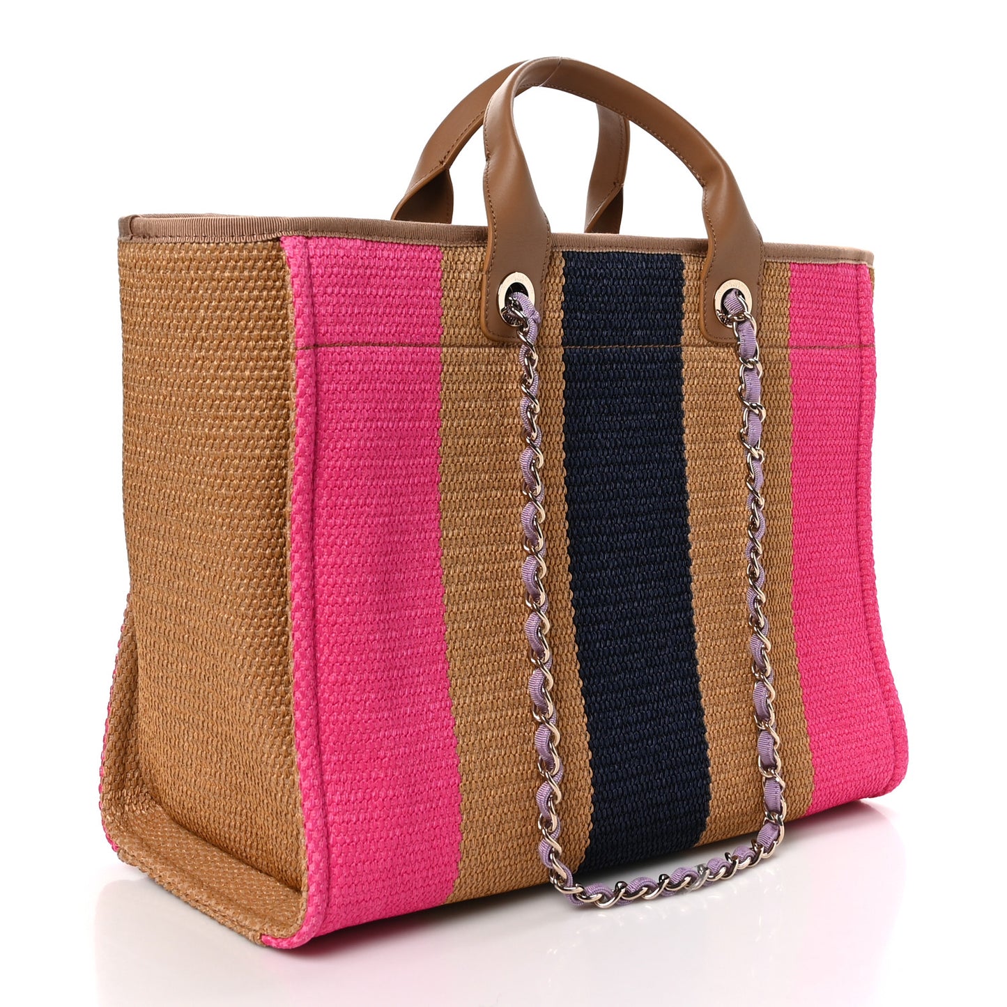 Straw Raffia Calfskin Striped Medium Deauville Tote Dark Beige Fuchsia Navy Blue