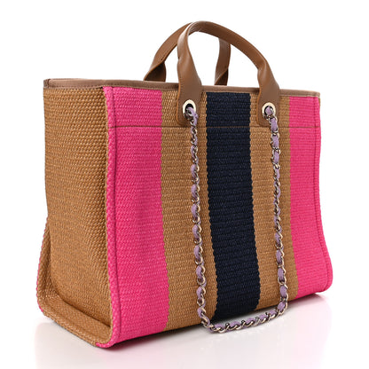 Chanel Straw Raffia Calfskin Striped Medium Deauville Tote Dark Beige Fuchsia Navy Blue 3 of 11