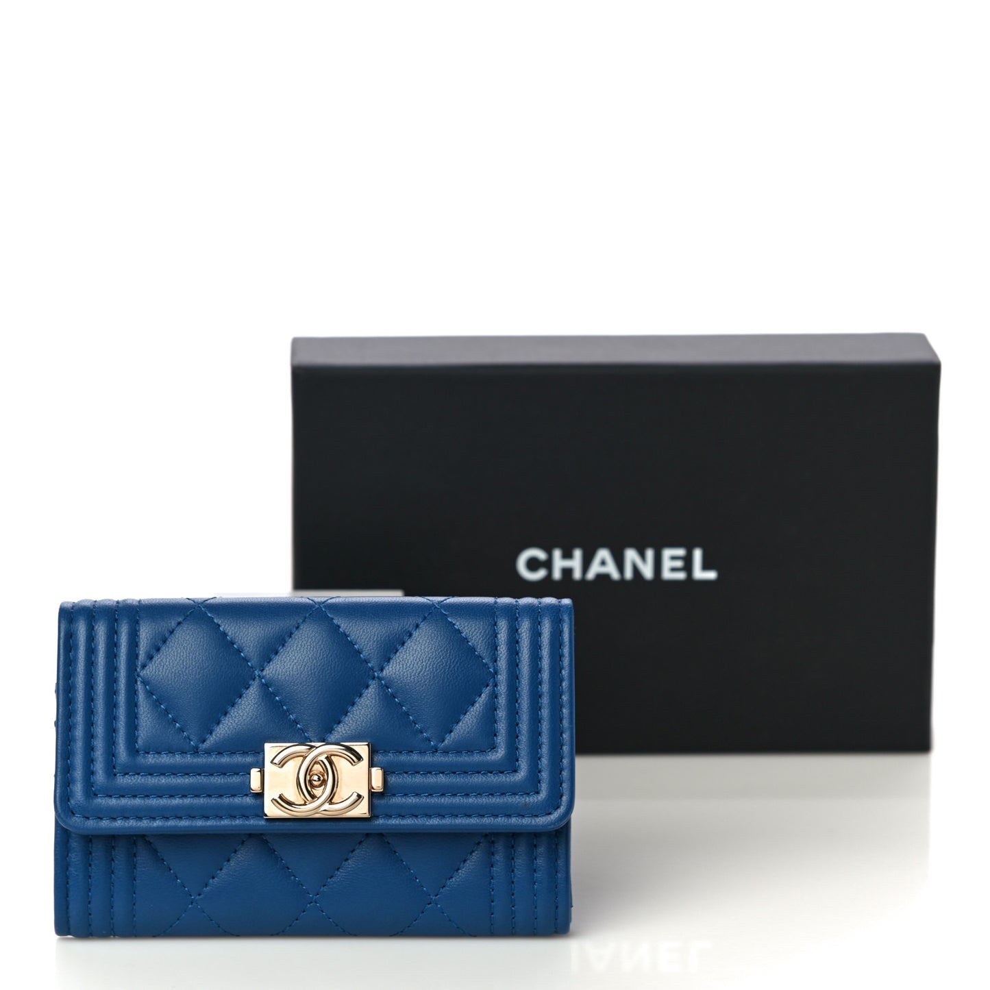 Lambskin Quilted Boy Flap Card Holder Blue