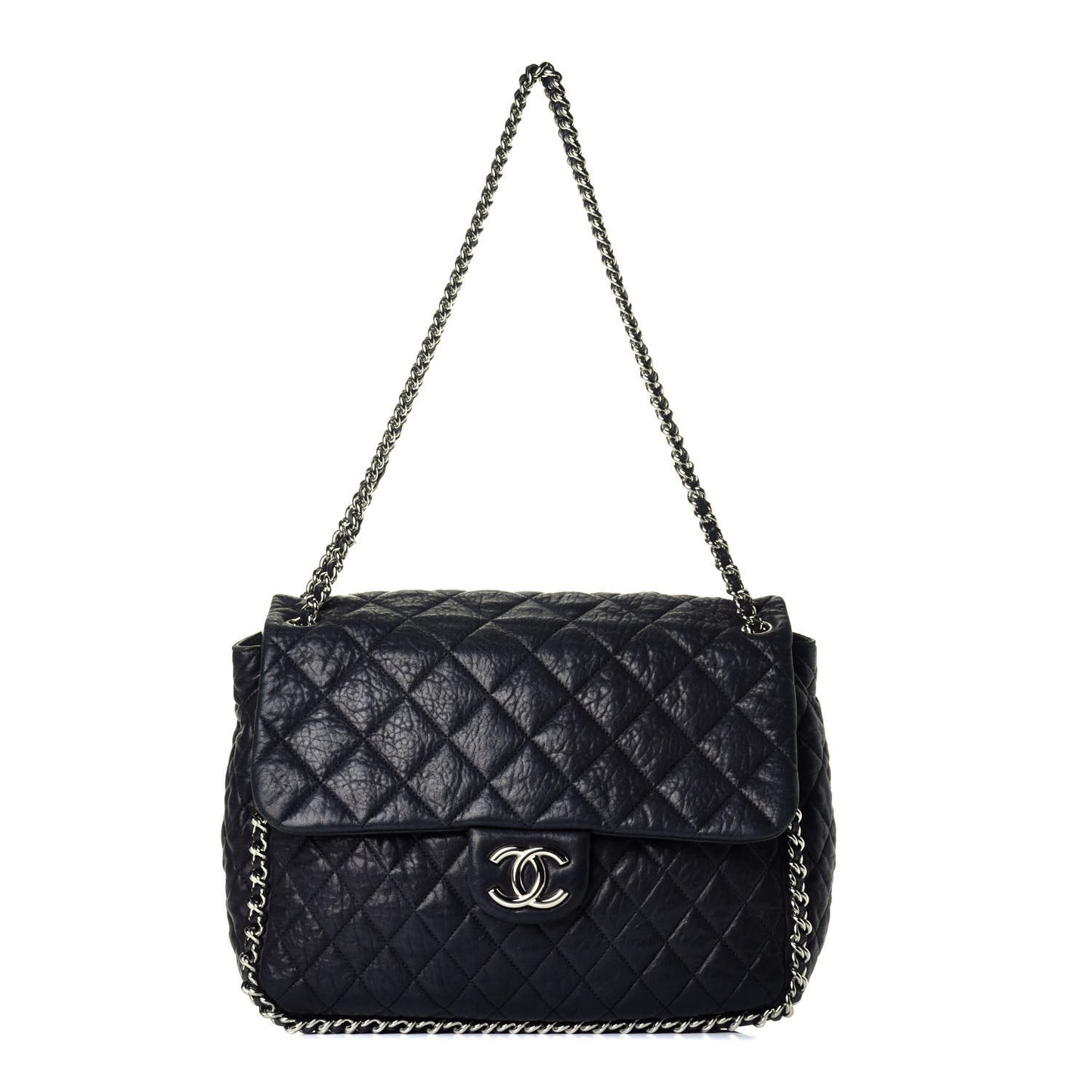 Washed Lambskin Quilted Maxi Chain Around Flap Black