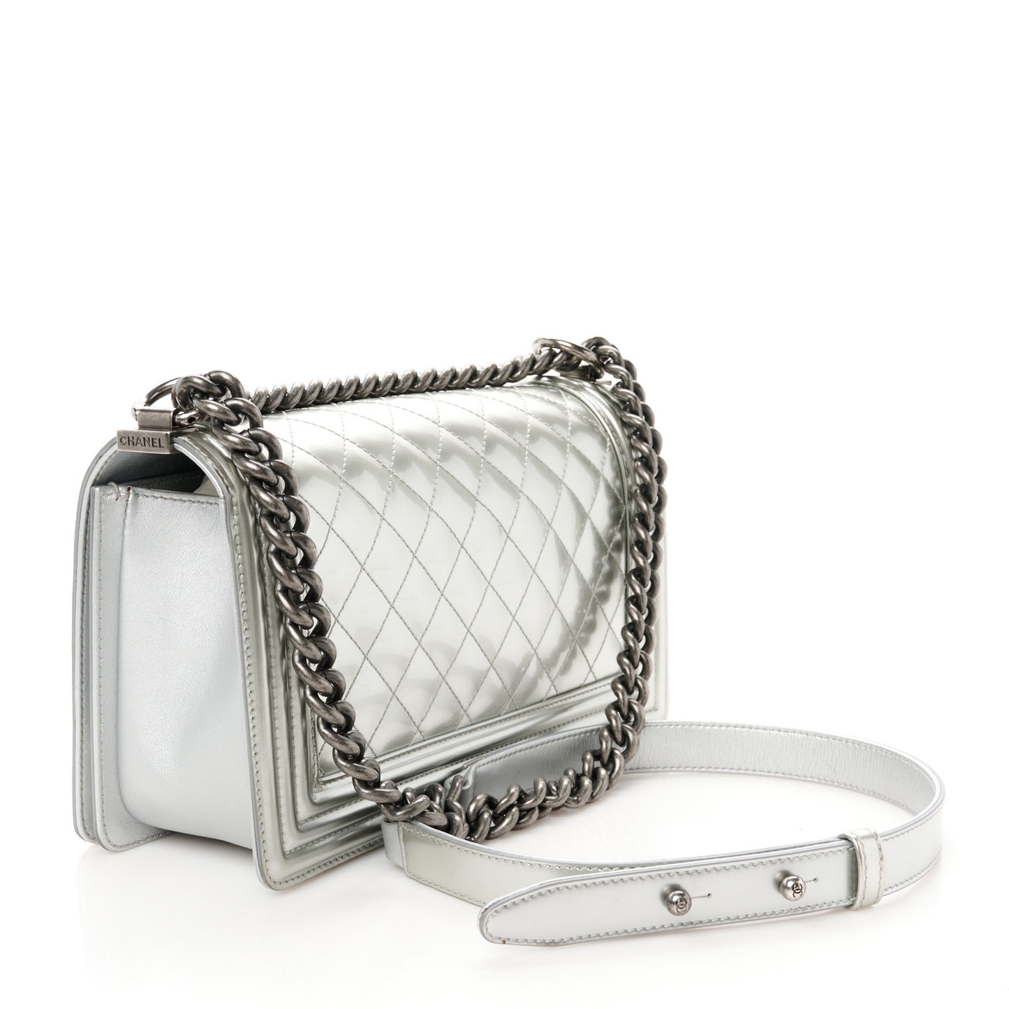 Metallic Patent Calfskin Quilted Medium Boy Flap Silver