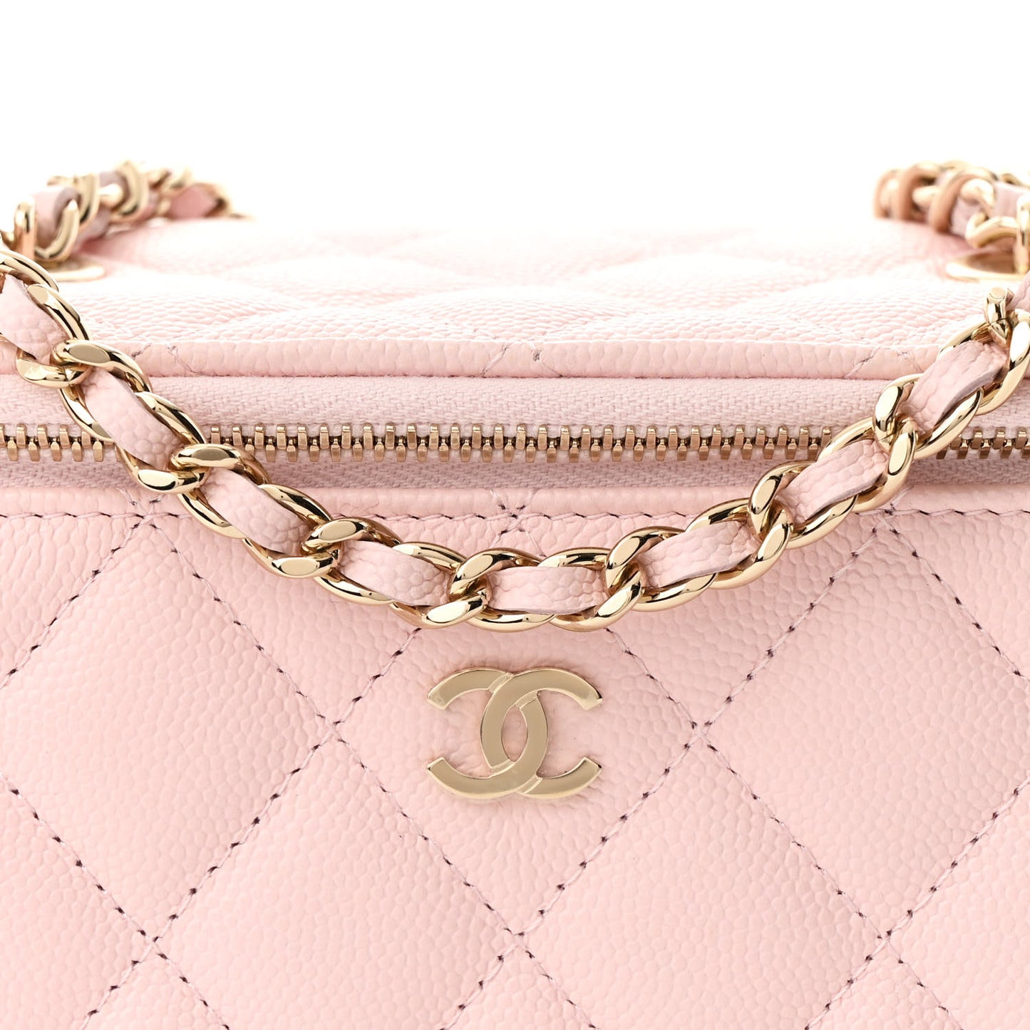 Caviar Quilted Small Vanity Case With Chain Light Pink