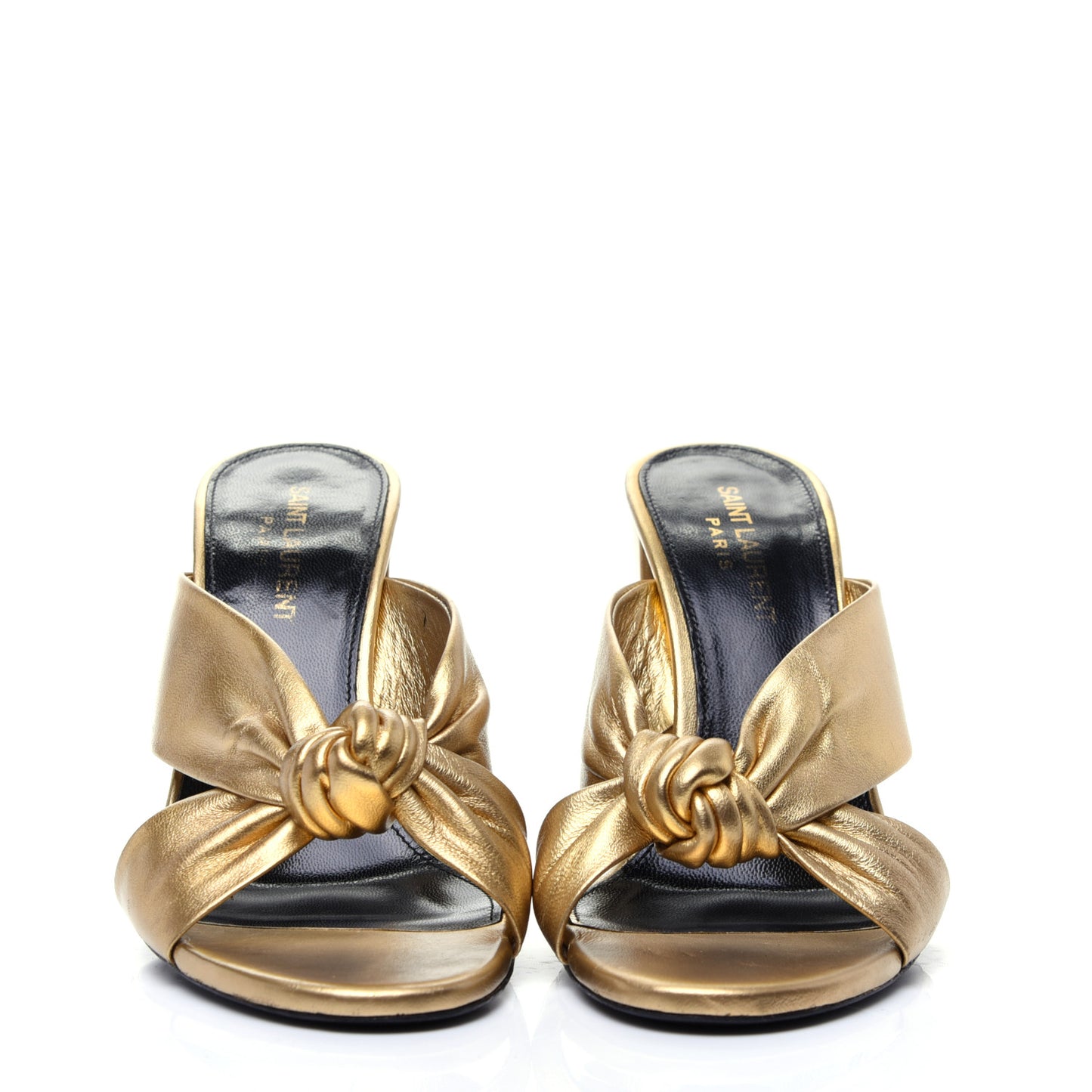 Metallic Calfskin Bianca Knotted Mule Sandals 37.5 Gold