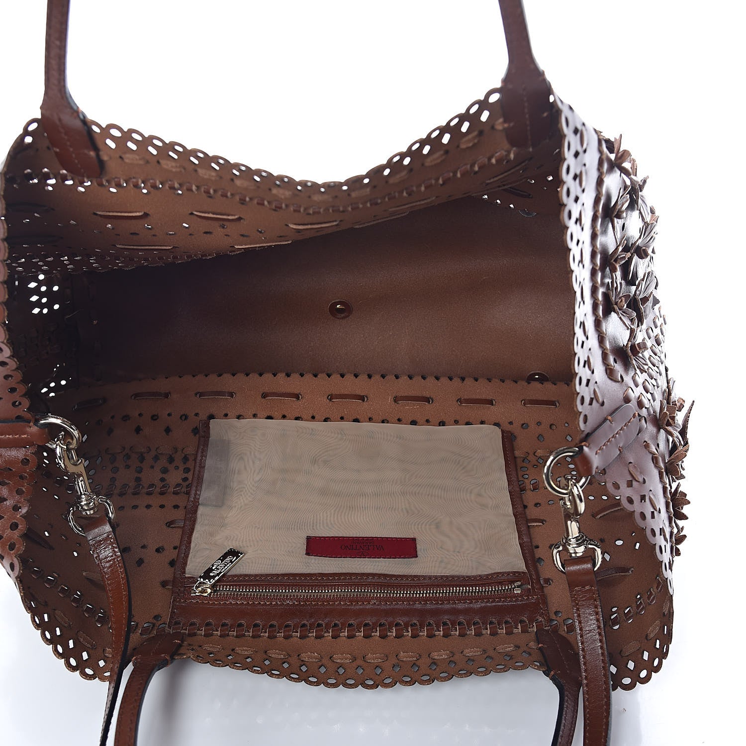 Valentino Garavani Calfskin Punched Lace Floral Tote Cognac 6 of 10