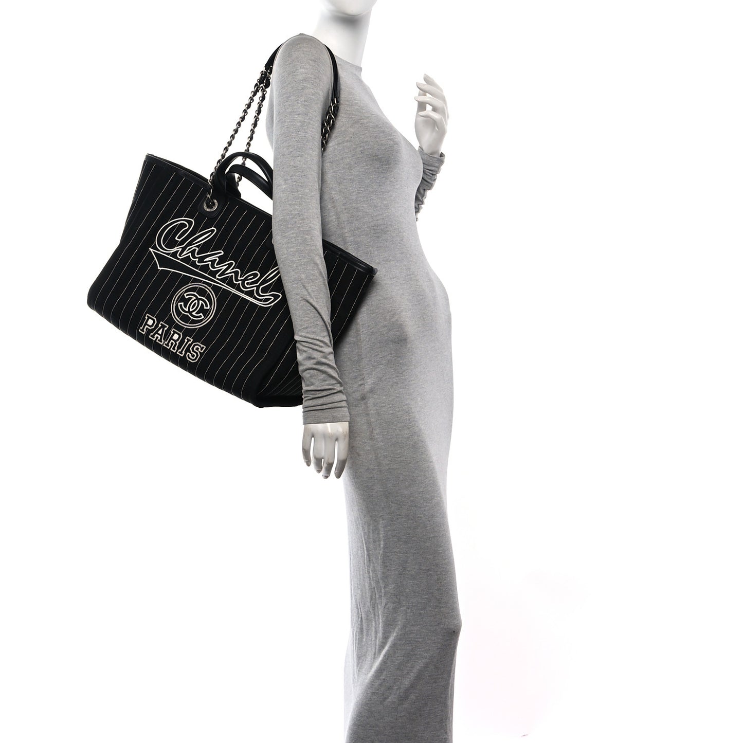 Canvas Calfskin Striped Medium Deauville Tote Black White