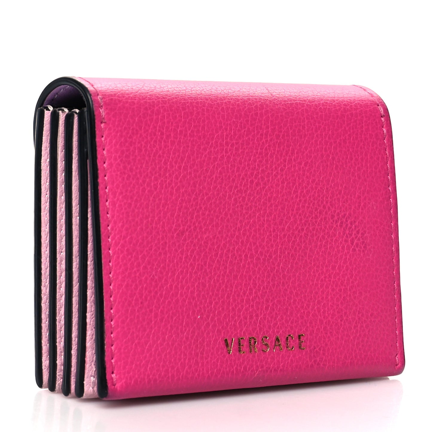 Grained Calfskin Medusa Card Holder Fuchsia Light Pink