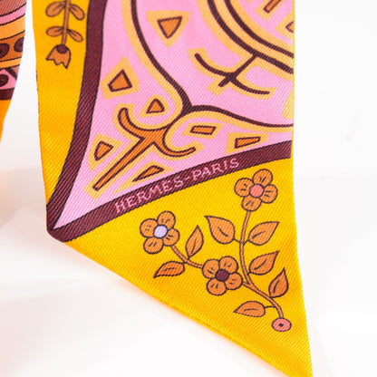 Hermes Silk L'Arbre De Vie Twilly Jaune D'or Mauve Brun 4 of 5