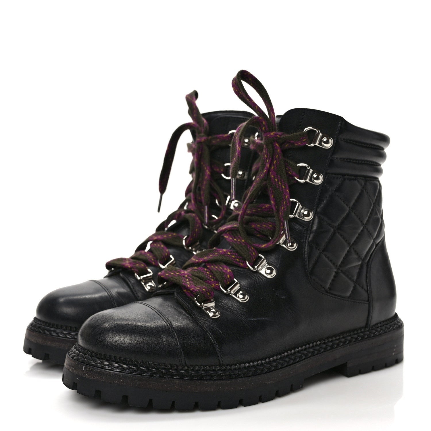 Chanel Lambskin Quilted Lace Up Boots 37.5 Black 3 of 8