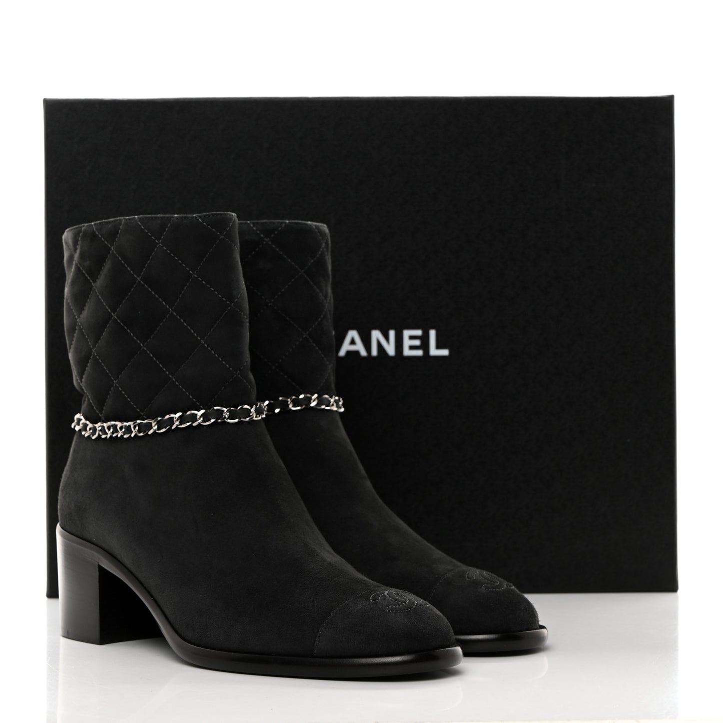 Suede Calfskin Chain CC Cap Toe Short Boots 39 Dark Grey