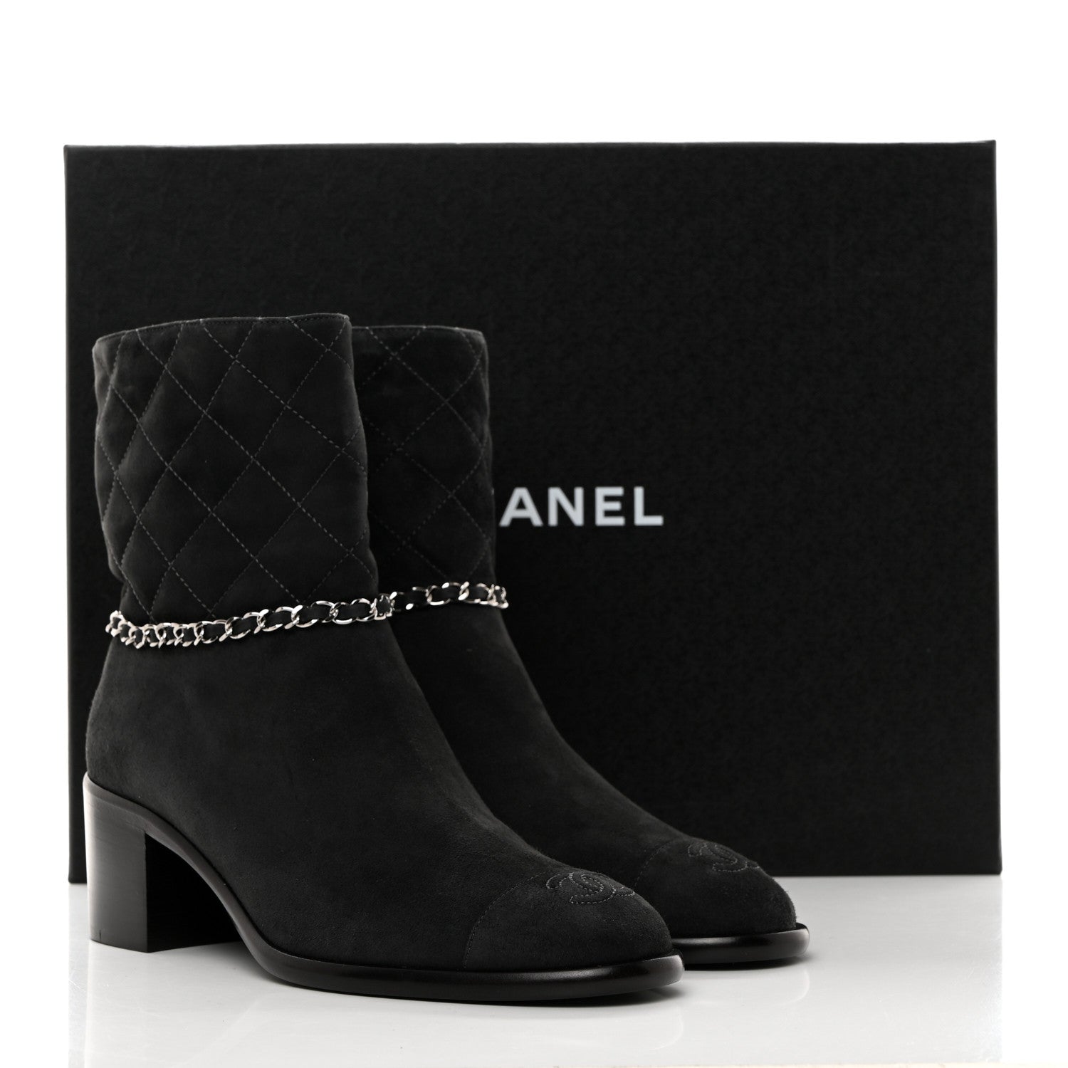 Chanel Suede Calfskin Chain CC Cap Toe Short Boots 39 Dark Grey 7 of 9