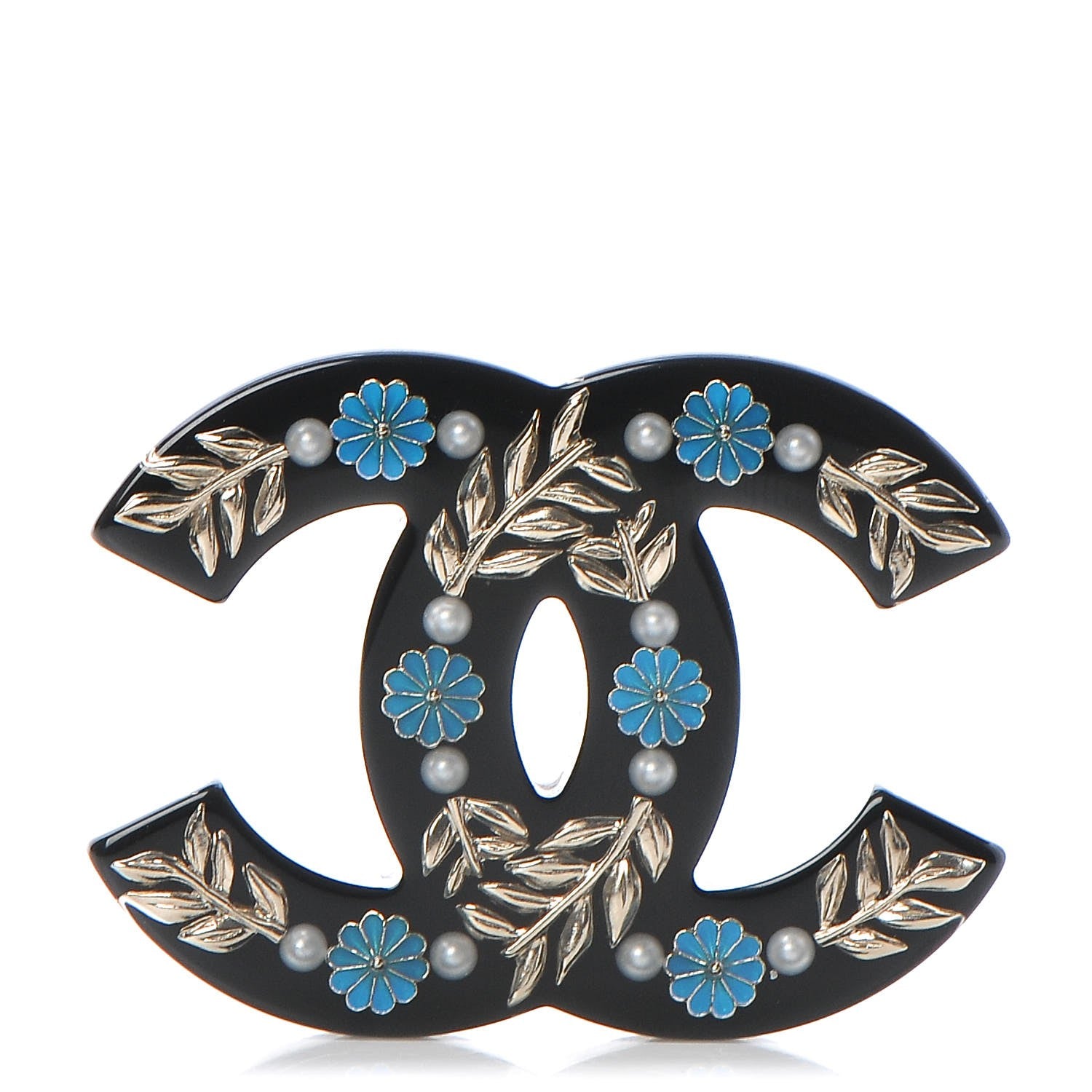 Chanel Resin Pearl Enamel Flower CC Brooch Black Blue Gold 1 of 5
