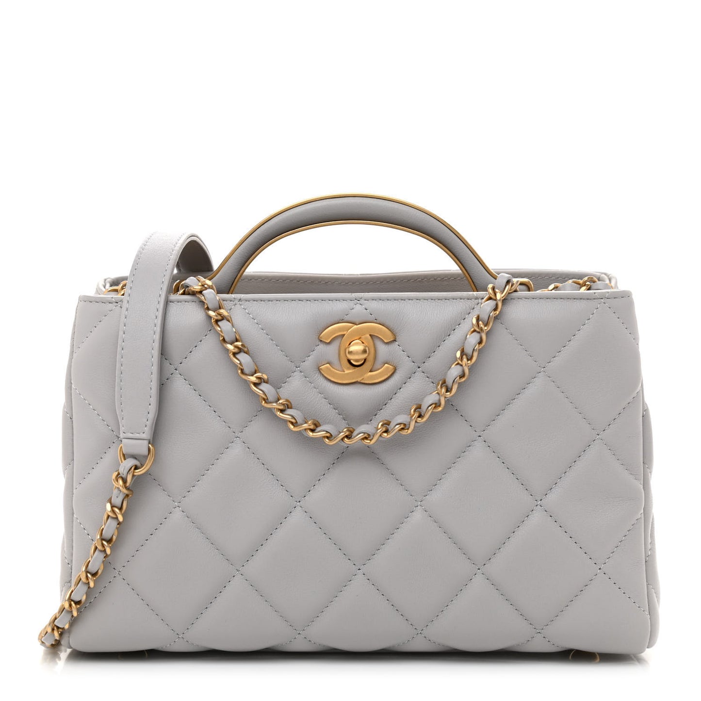 Calfskin Quilted Lady Handle Clutch Tote Grey