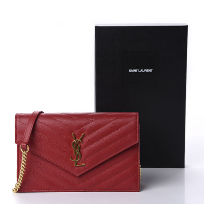 Saint Laurent Grain De Poudre Matelasse Chevron Monogram Envelope Chain Wallet New Red 11 of 11